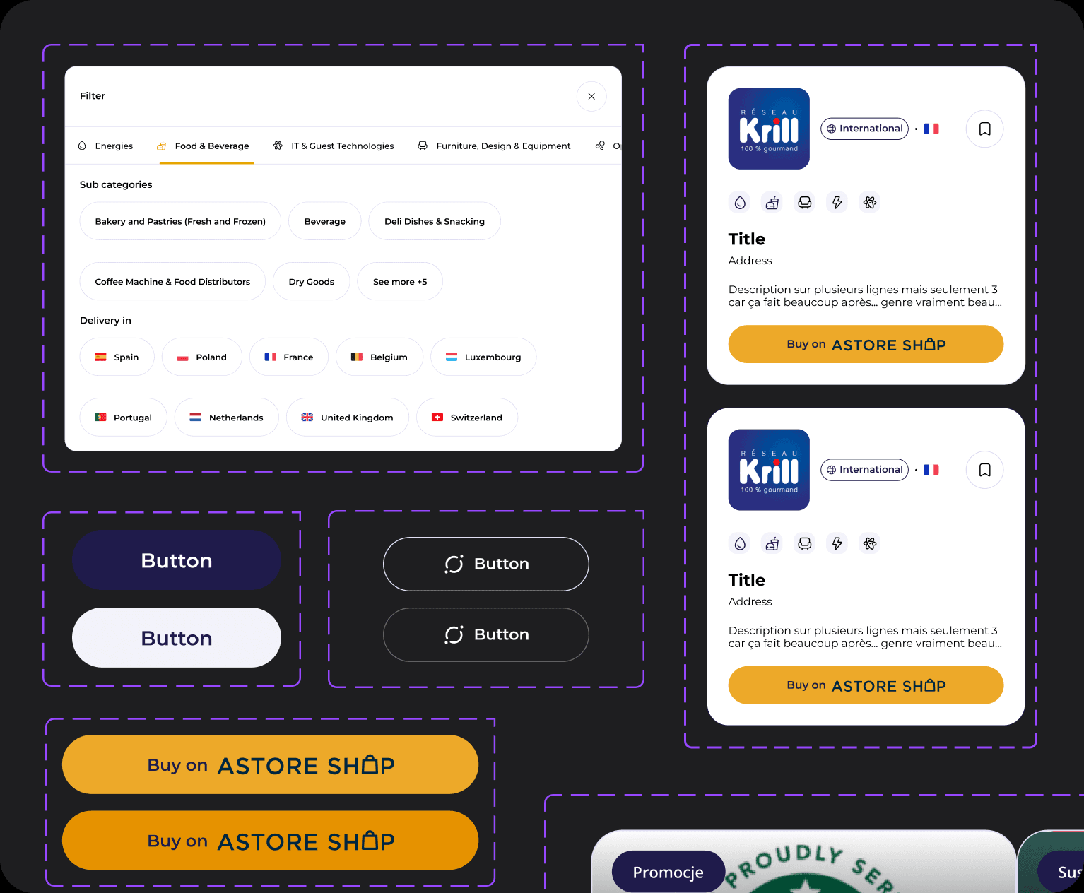 Composants : filtres, carte fournisseur, boutons et actualités
