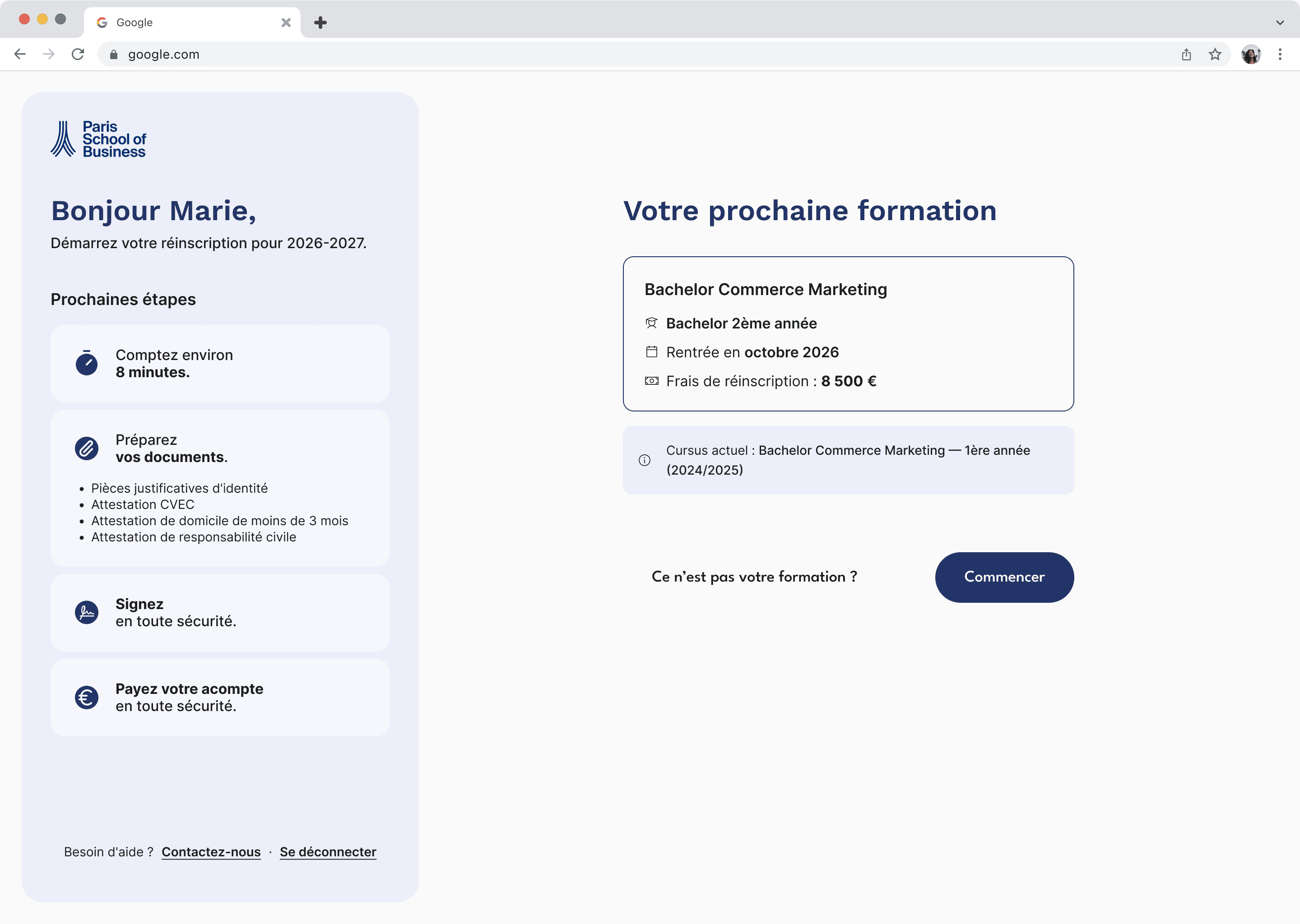 Début du parcours de réinscription